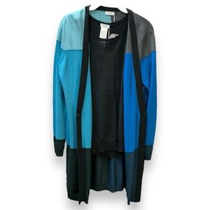 NWT AKRIS PUNTO SET‎ Color Block Cardigan & VEST set- wool blue turquoise 12 L